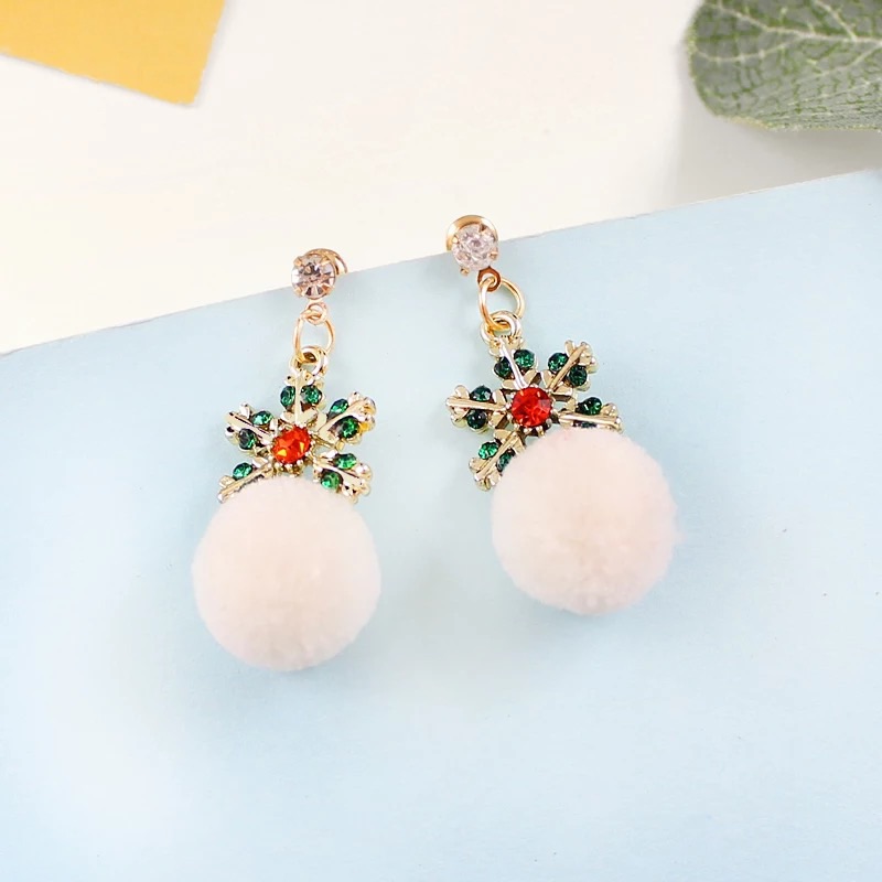 Christmas Crystal Snowflake Pom Pom Stud Earrings 15$